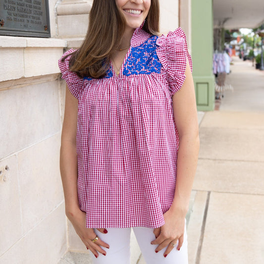 Embroidered Frilly Blouse [Red]